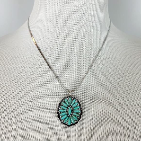 NEW Silver 2MM Herringbone Necklace with Turquoise Pendant - Picture 1 of 3